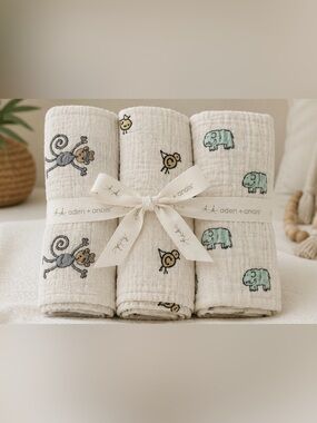 aden + anais Cream Muslin Swaddle Set with Pastel Animal Embroidery